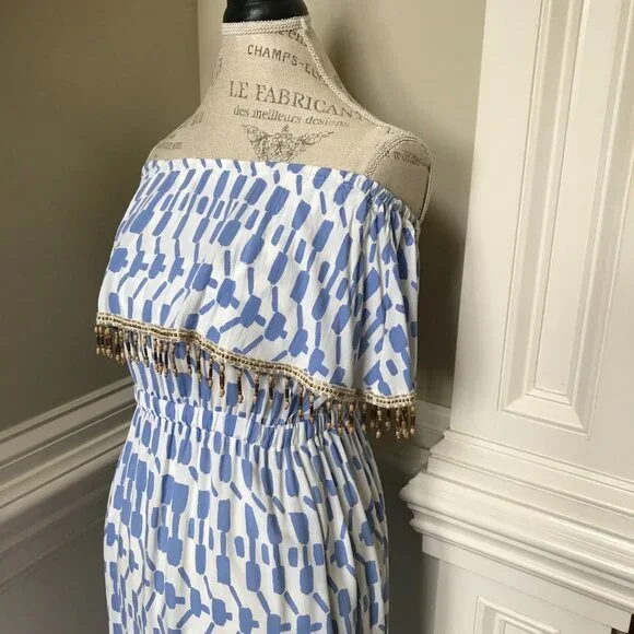 Skemo Beaded Maxi Dress Womens Small Blue White Sleeveless Tube Cover Up Ruffle - Picture 8 of 12